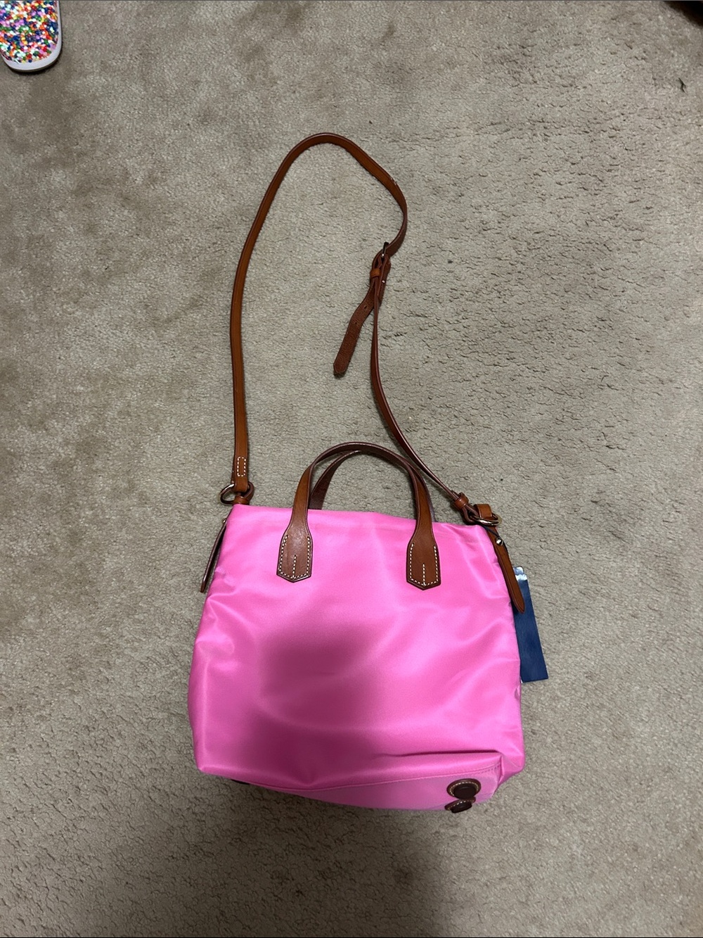 NWT Dooney & Bourke Pink Nylon Tote with Brown Leather Trim - Picture 5 of 7